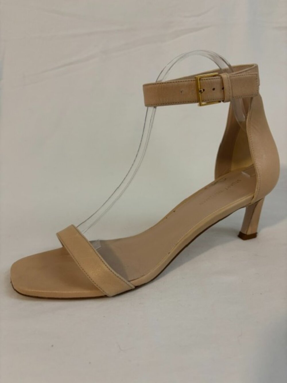 Stuart Weitzman 45 Square Nudist Sandal in Nude Leather w/Kitten Heel Size 8.5M